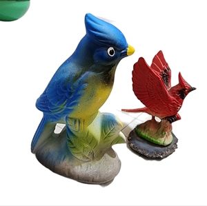 Vintage Inarco Japan bluejay figurine and metal red cardinal figuring